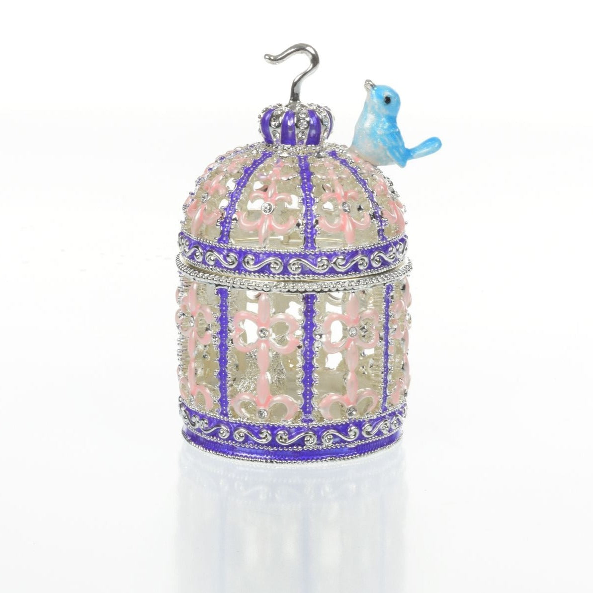 Light Blue Bird on top top of a purple birdcage Faberge Styled Trinket Box