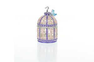 Light Blue Bird on top top of a purple birdcage Faberge Styled Trinket Box