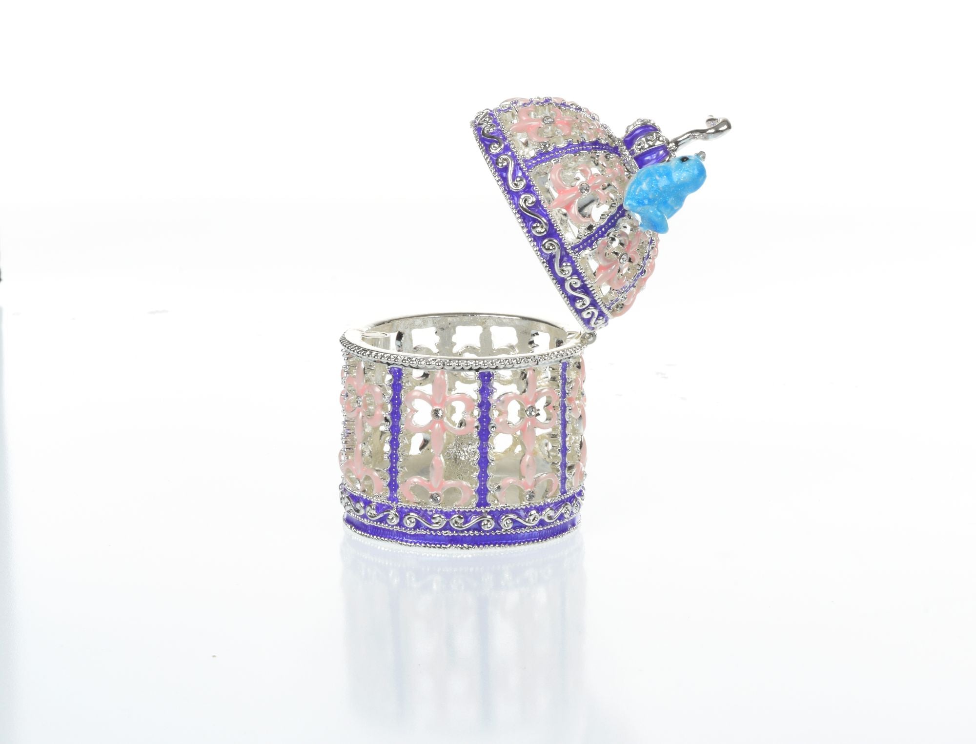 Light Blue Bird on top top of a purple birdcage Faberge Styled Trinket Box