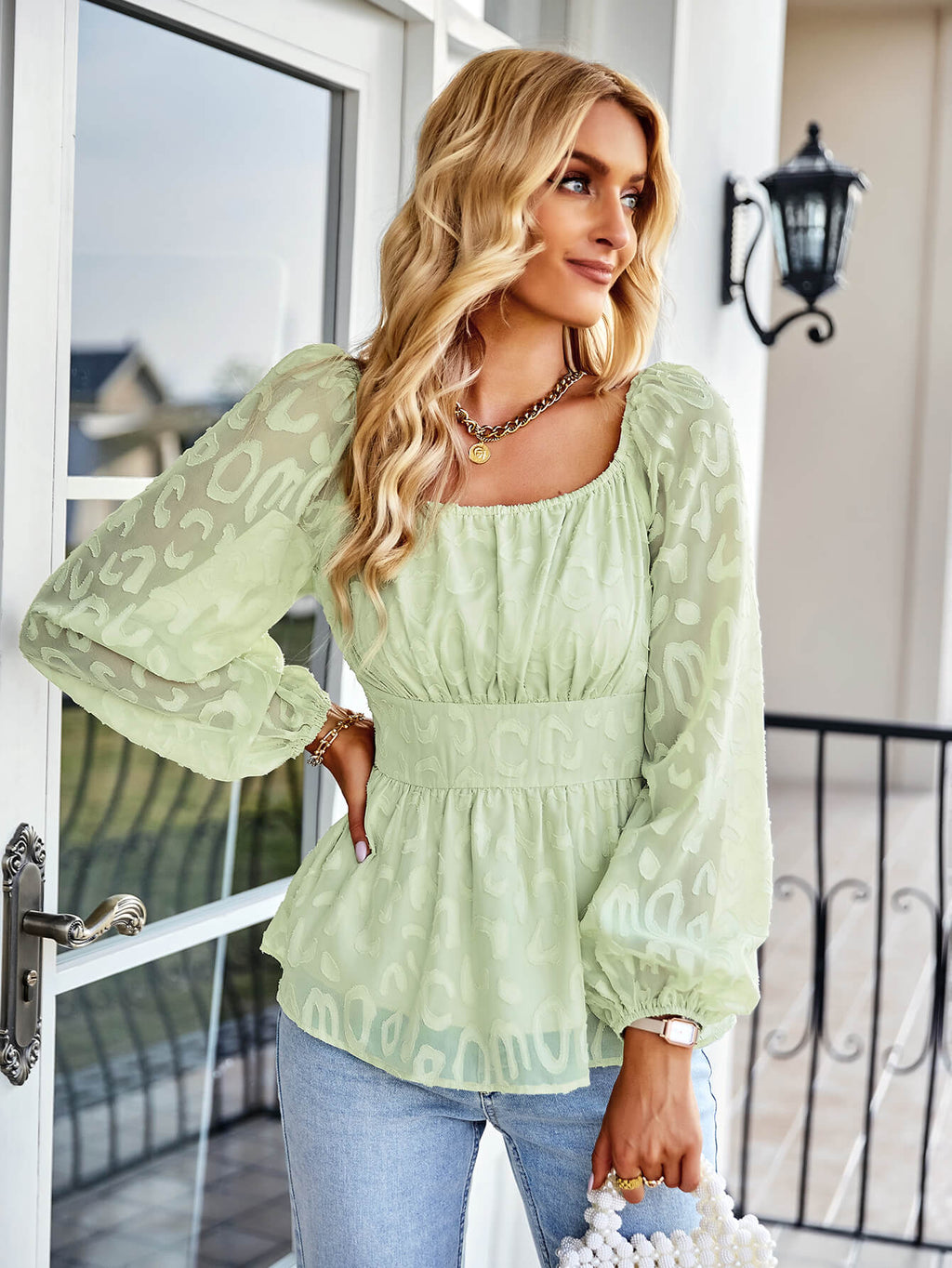 Applique Balloon Sleeve Peplum Blouse - 99fab 