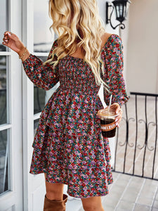 Ditsy Floral Smocked Square Neck Layered Mini Dress