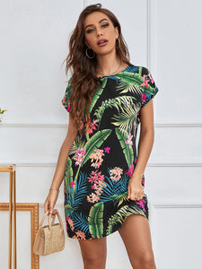 Floral Cuffed Short Sleeve Shift Dress