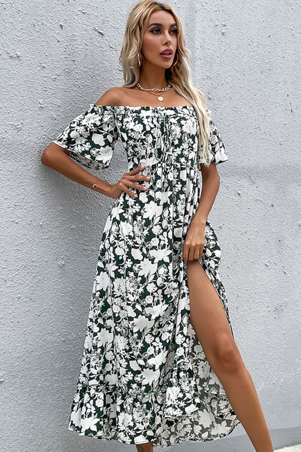 Floral Slit Off-Shoulder Midi Dress - 99fab 