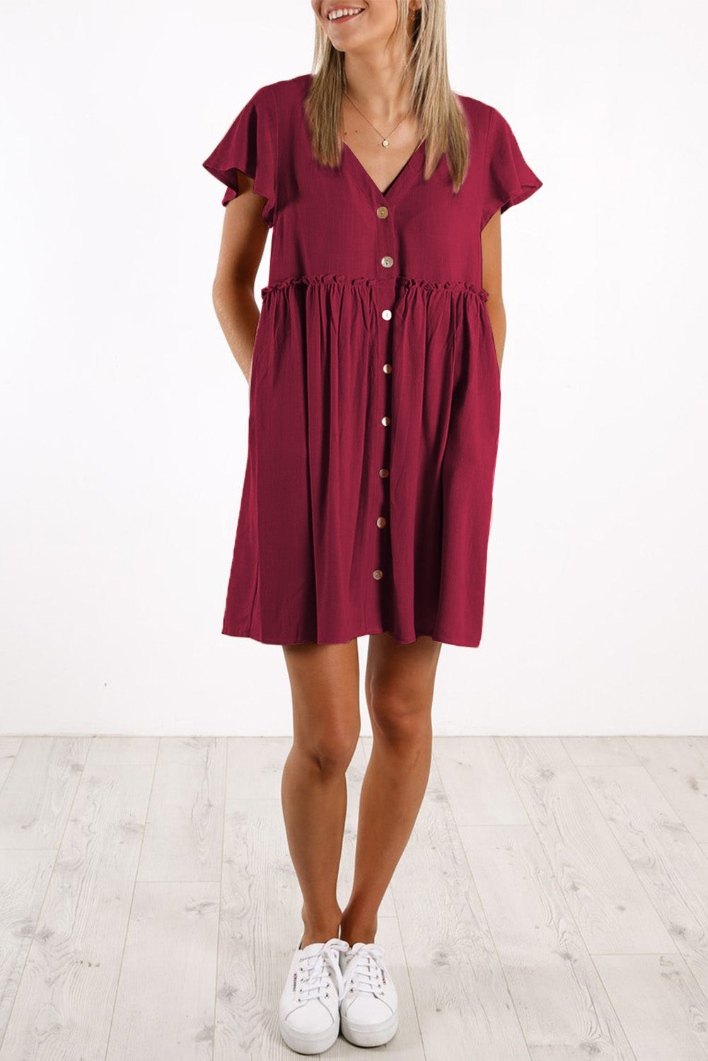 Buttoned Empire Waist Babydoll Dress