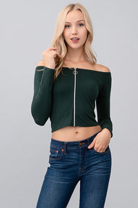 Zipper Front Off Shoulder Long Sleeve Crop Top