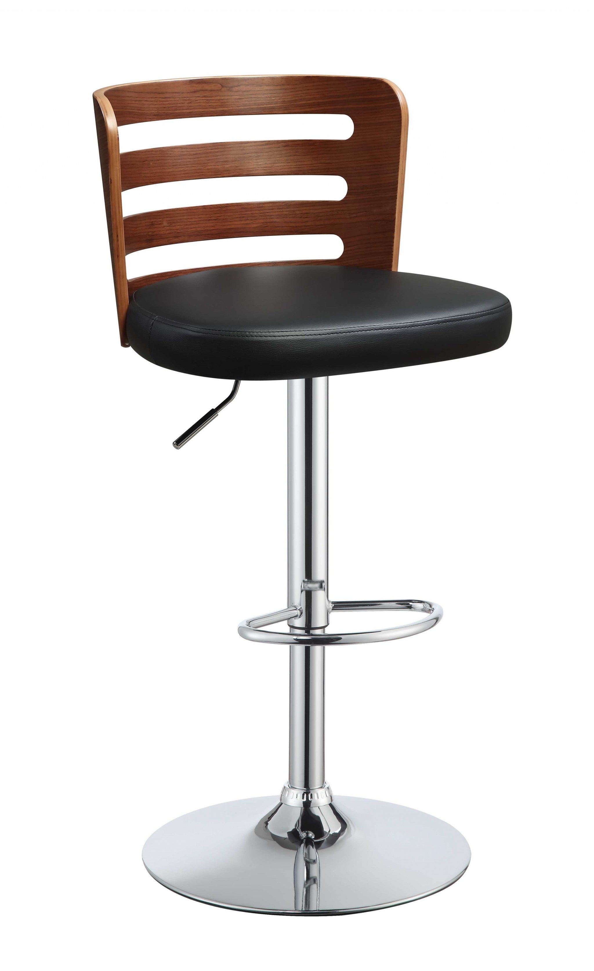 34' Sleek Walnut Finish Black Faux Leather Adjustable Swivel Bar Stool with Chrome Base