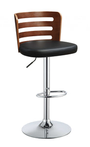 34' Sleek Walnut Finish Black Faux Leather Adjustable Swivel Bar Stool with Chrome Base