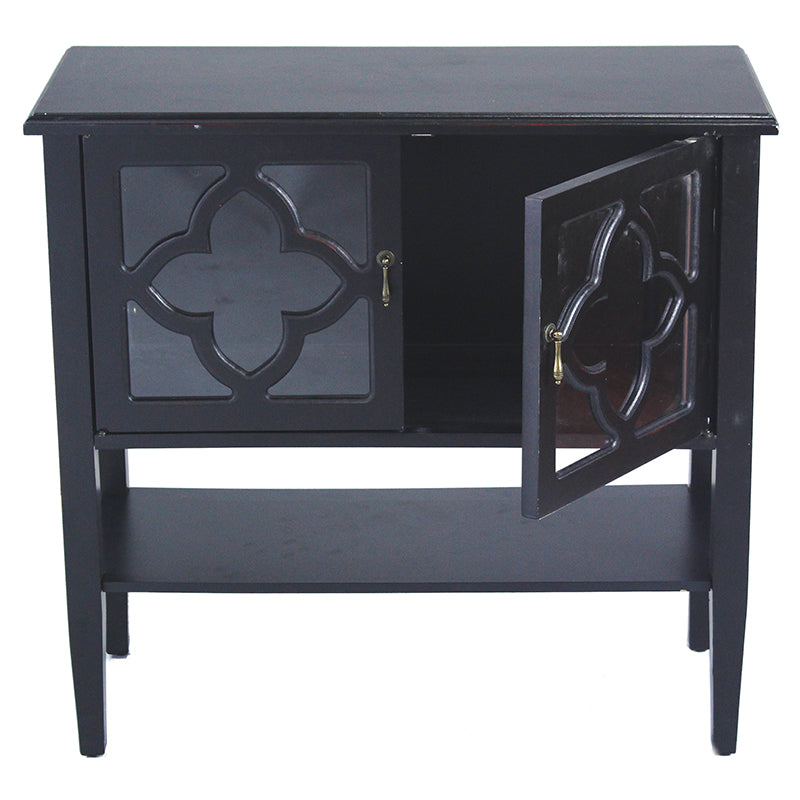 32" X 14" X 30" Black MDF Wood Clear Glass Console Cabinet with Doors and a Shelf