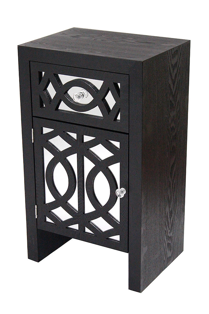 Black Wood Finish Lattice Mirrored Accent Cabinet