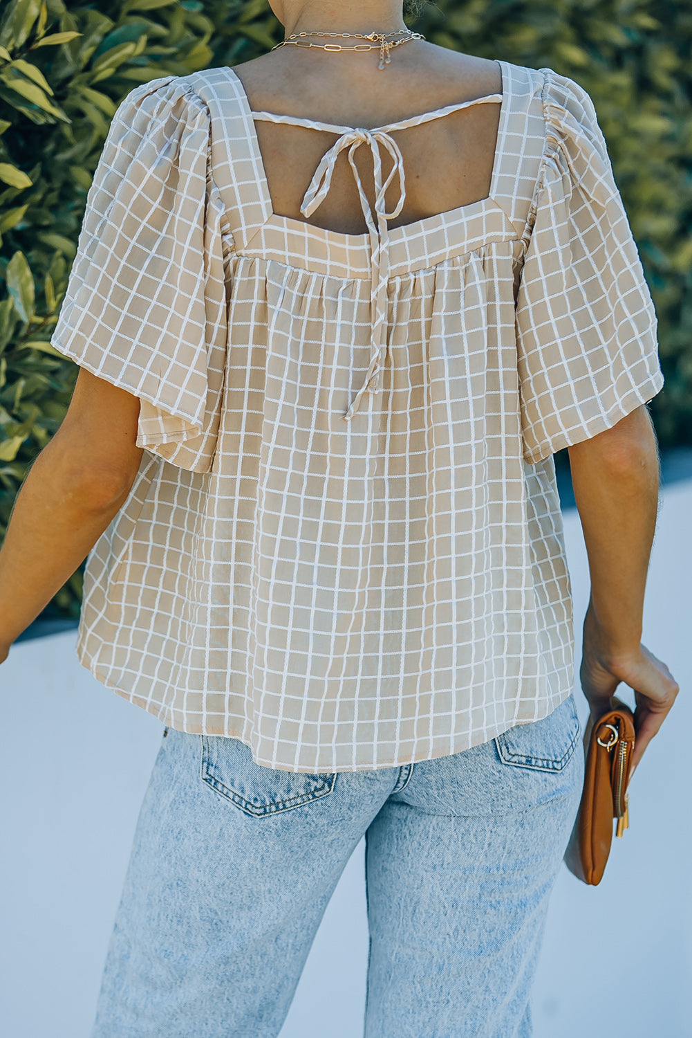 Plaid Tie-Back Square Neck Top