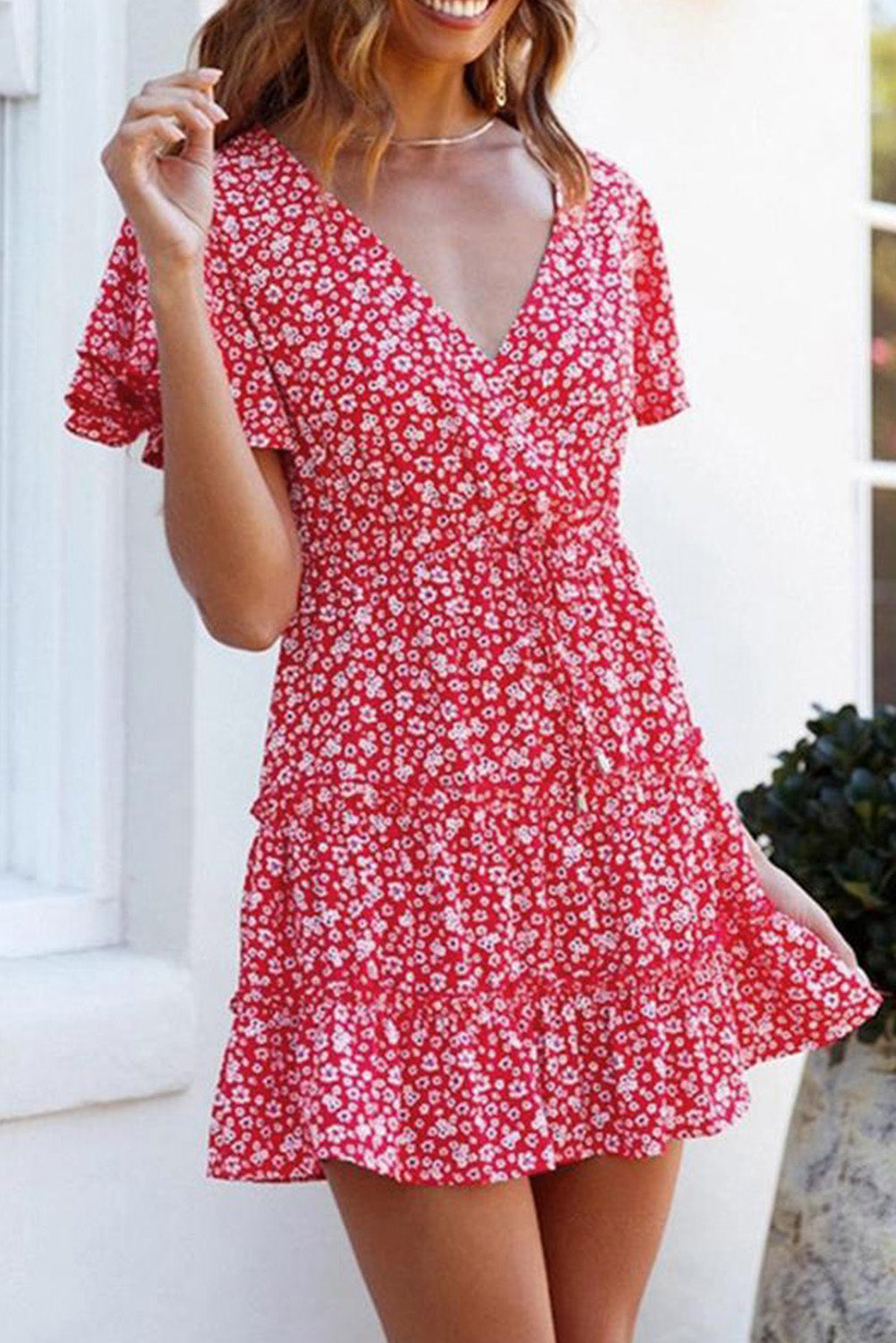 Floral V-Neck Layered Ruffled Dress - 99fab 