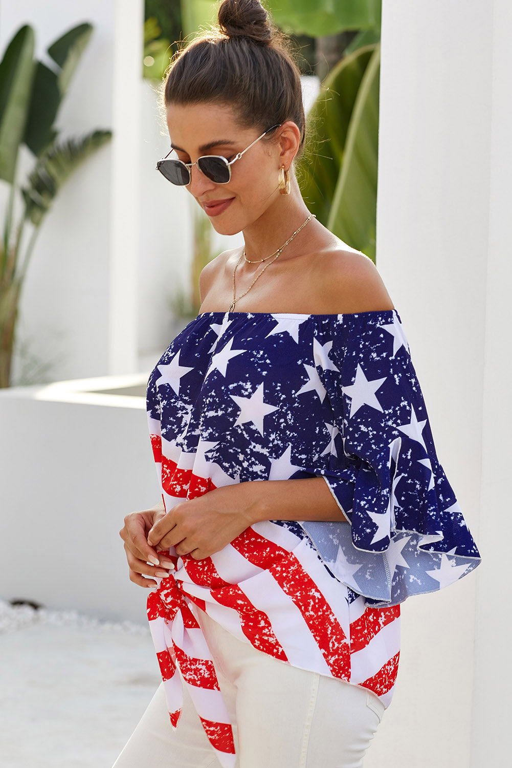 Flag Print Off Shoulder Blouse