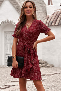 Dotted Print Wrap Ruffle Dress