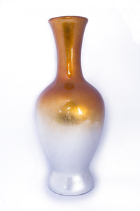 11" X 11" X 25" Orange And White Ceramic Lacquered Ceramic Vase