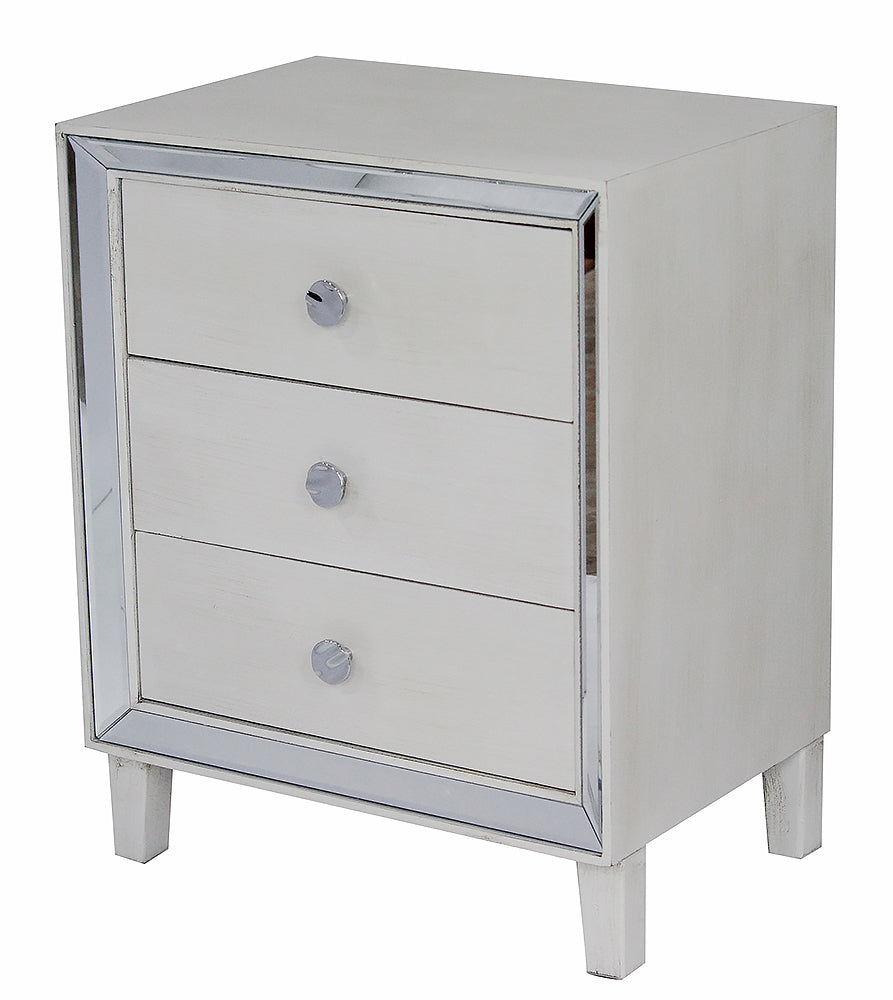 28.5" X 21.75" X 34" Antique White MDF Wood Mirrored Glass Accent Cabinet with Drawers and with Mirror Accents