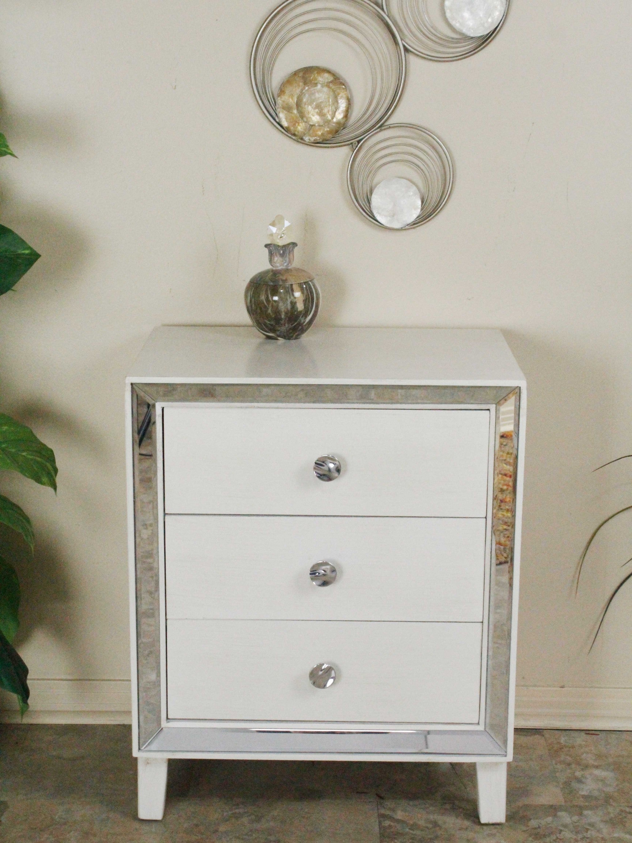 28.5" X 21.75" X 34" Antique White MDF Wood Mirrored Glass Accent Cabinet with Drawers and with Mirror Accents