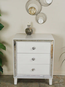 28.5" X 21.75" X 34" Antique White MDF Wood Mirrored Glass Accent Cabinet with Drawers and with Mirror Accents