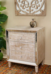 28.5" X 21.75" X 34" Antique White MDF Wood Mirrored Glass Accent Cabinet with Drawers and with Mirror Accents