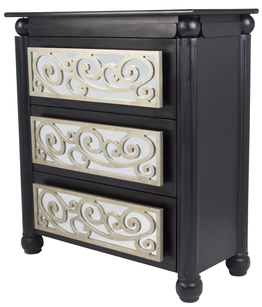 Silver Wash Scroll Mirrored Three Drawer Accent Cabinet - 99fab 