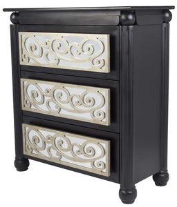 Silver Wash Scroll Mirrored Three Drawer Accent Cabinet