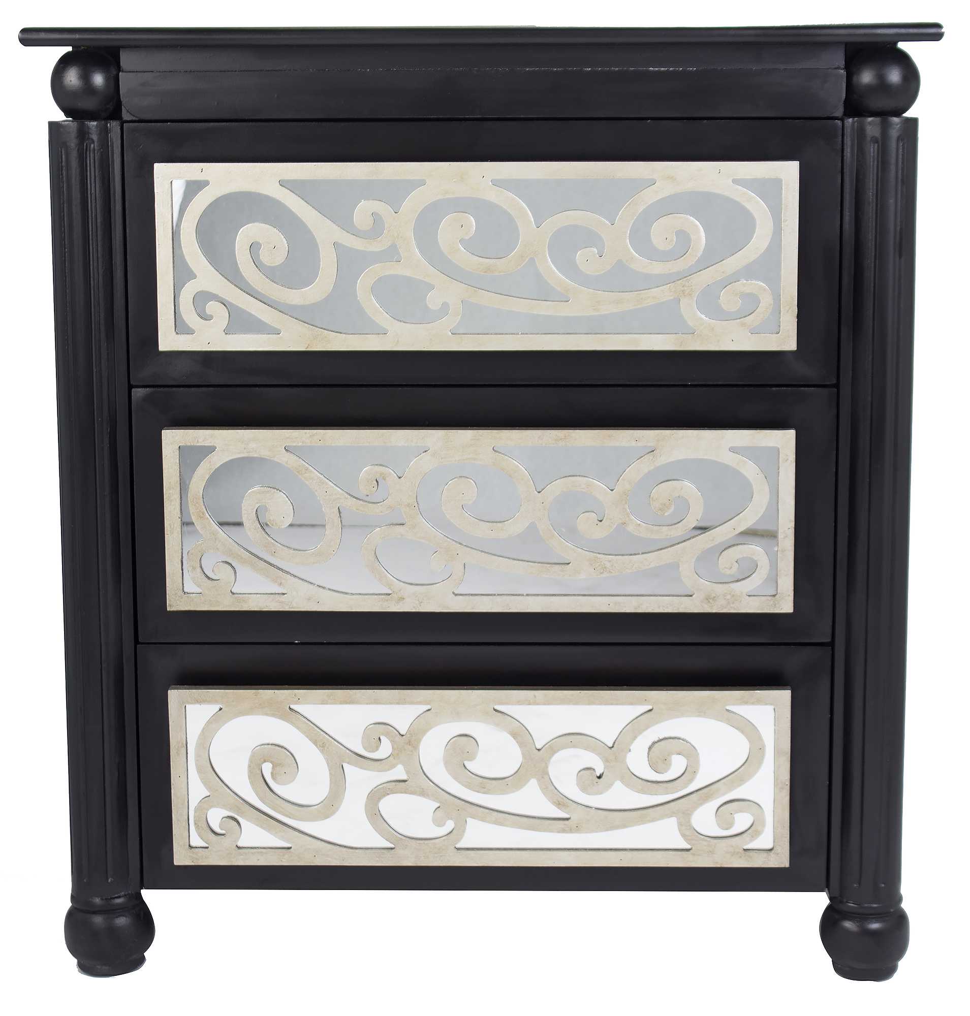 Silver Wash Scroll Mirrored Three Drawer Accent Cabinet