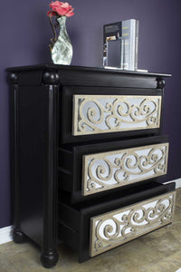 Silver Wash Scroll Mirrored Three Drawer Accent Cabinet