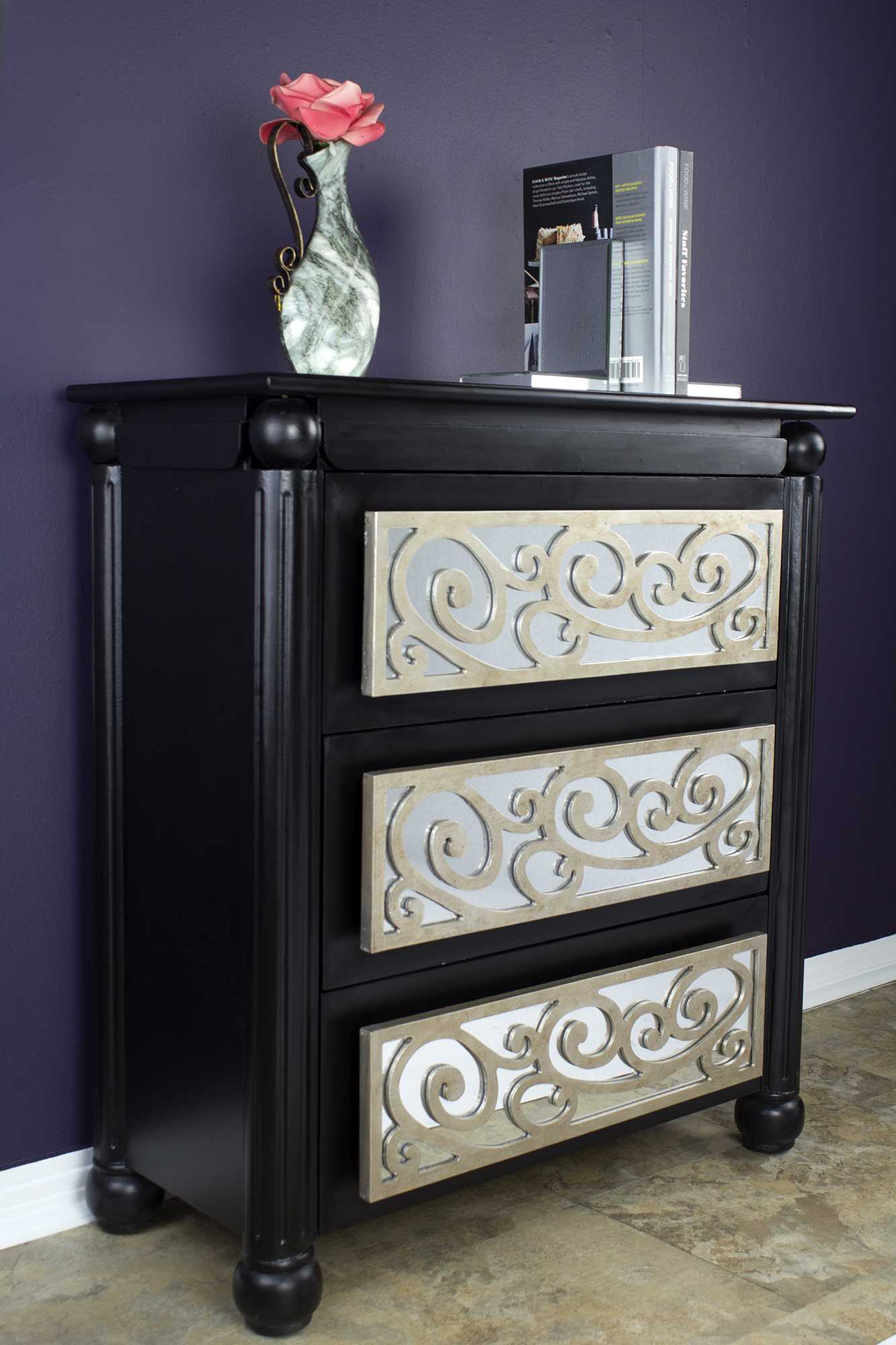 Silver Wash Scroll Mirrored Three Drawer Accent Cabinet