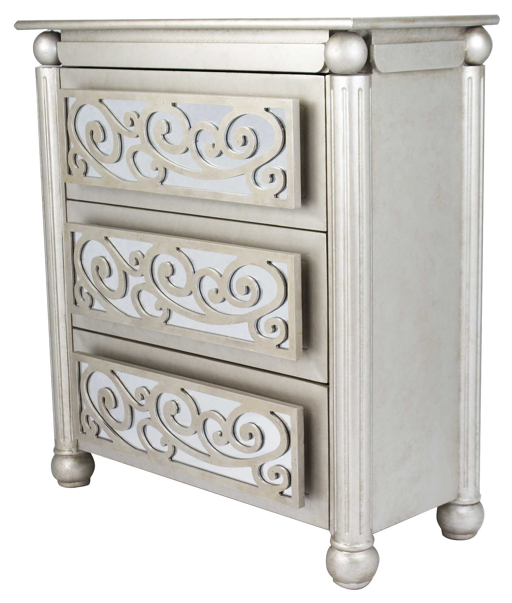 Silver Wash Scroll Mirrored Three Drawer Accent Cabinet