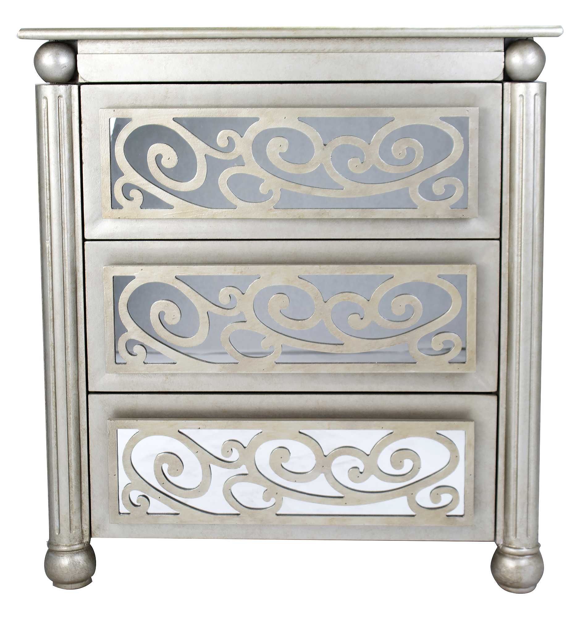 Silver Wash Scroll Mirrored Three Drawer Accent Cabinet