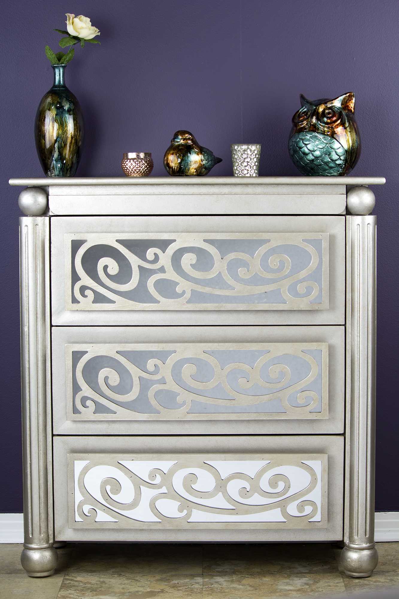 Silver Wash Scroll Mirrored Three Drawer Accent Cabinet