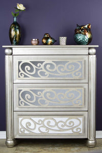 Silver Wash Scroll Mirrored Three Drawer Accent Cabinet