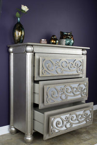 Silver Wash Scroll Mirrored Three Drawer Accent Cabinet