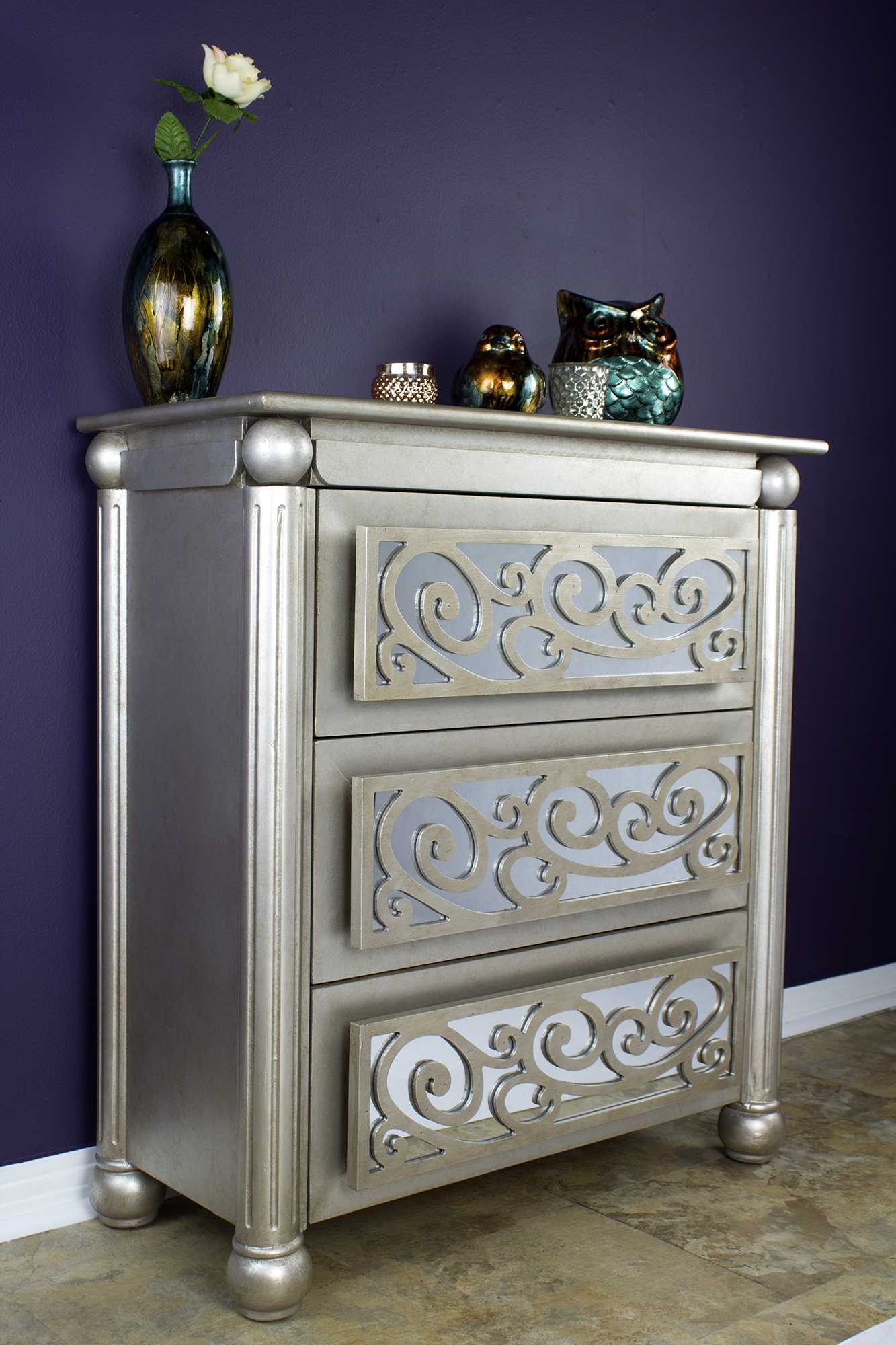 Silver Wash Scroll Mirrored Three Drawer Accent Cabinet