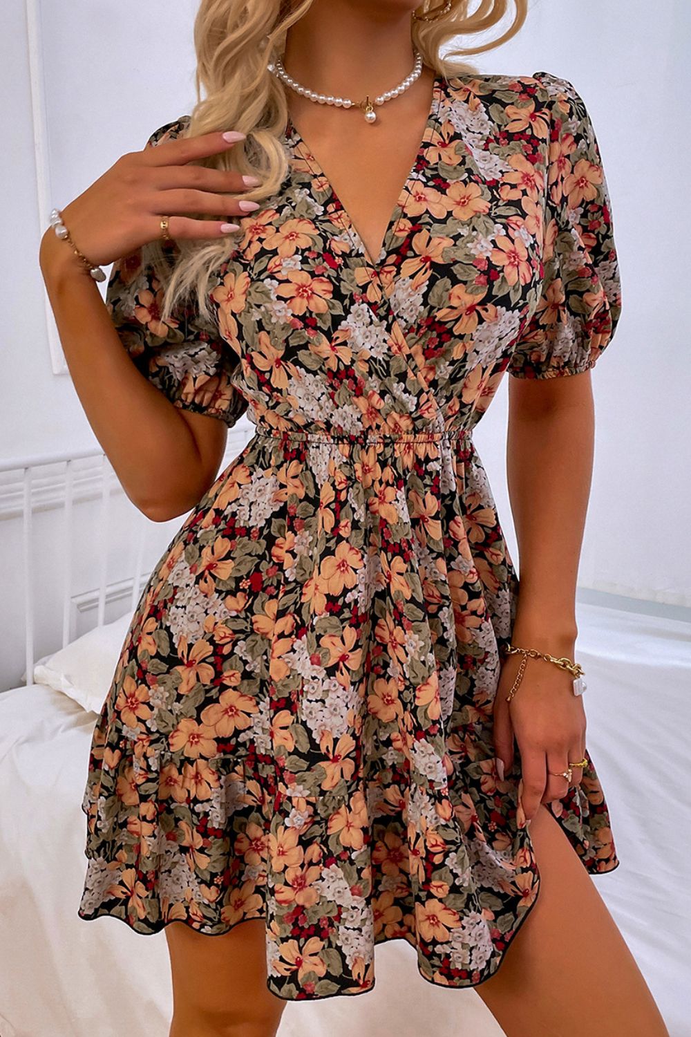 Floral Puff Sleeve Tie Back Dress - 99fab 