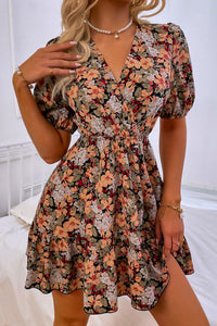 Floral Puff Sleeve Tie Back Dress