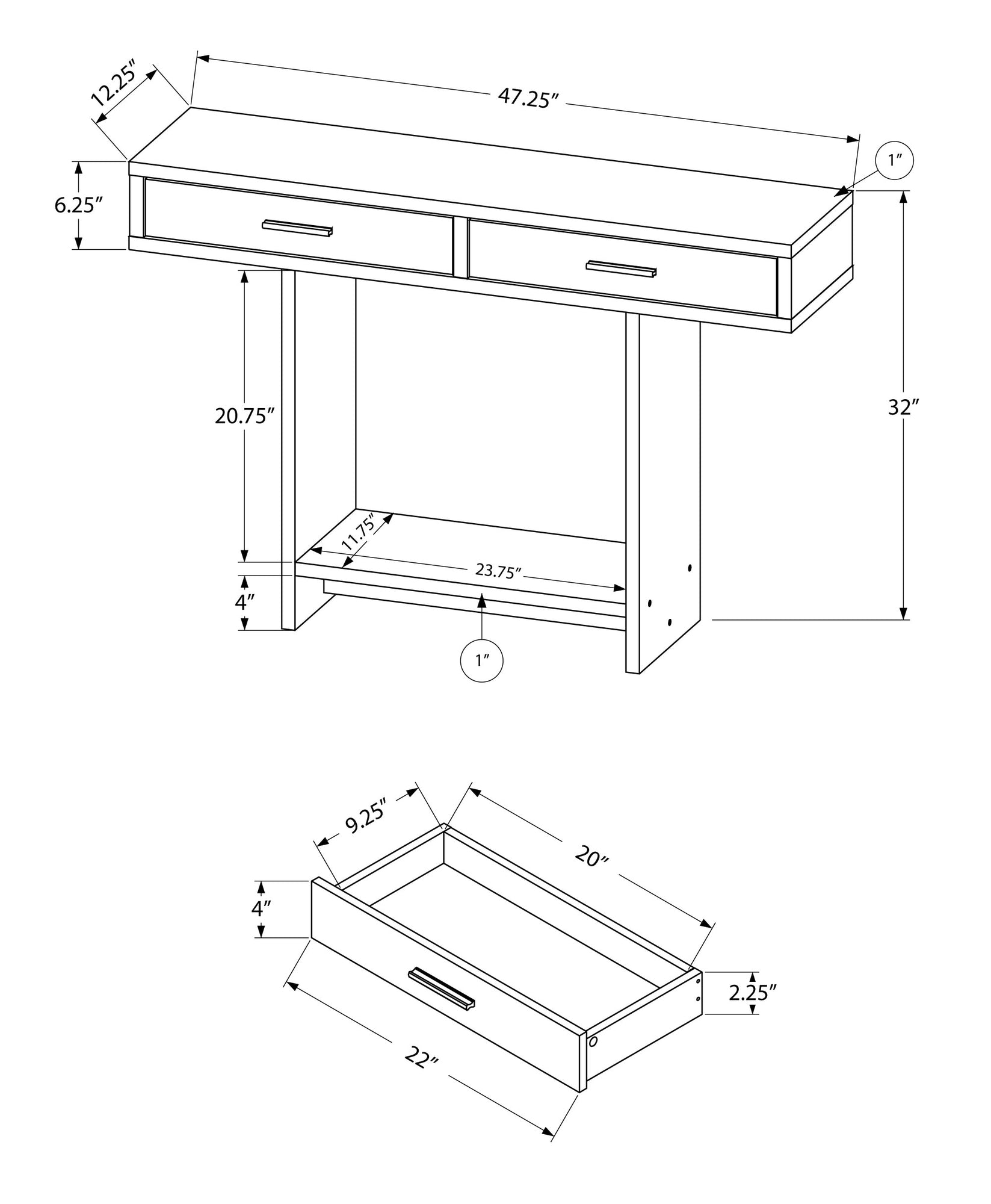 12.25" x 47.25" x 32" White Particle Board Hollow Core Accent Table with a Hollow Core and 2 Drawers