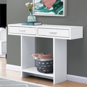 12.25" x 47.25" x 32" White Particle Board Hollow Core Accent Table with a Hollow Core and 2 Drawers