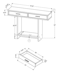 12.25" x 47.25" x 32" White Particle Board Hollow Core Accent Table with a Hollow Core and 2 Drawers