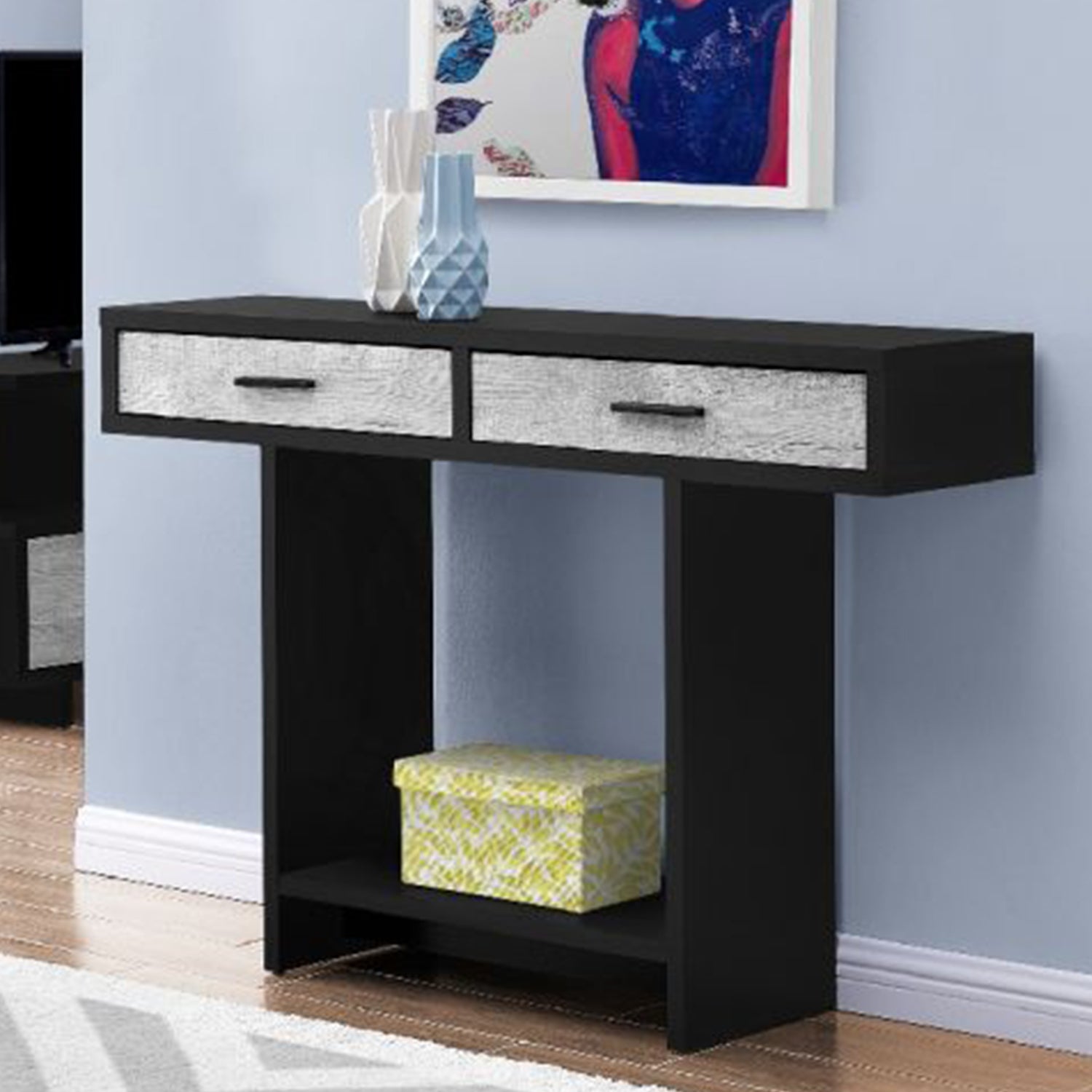 12.25" x 47.25" x 32" White Particle Board Hollow Core Accent Table with a Hollow Core and 2 Drawers