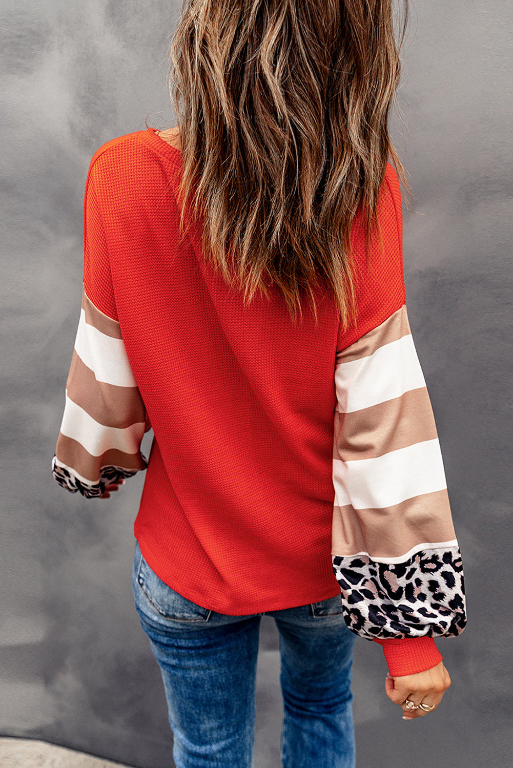 Graphic Striped Leopard Lantern Sleeve Waffle-Knit Top
