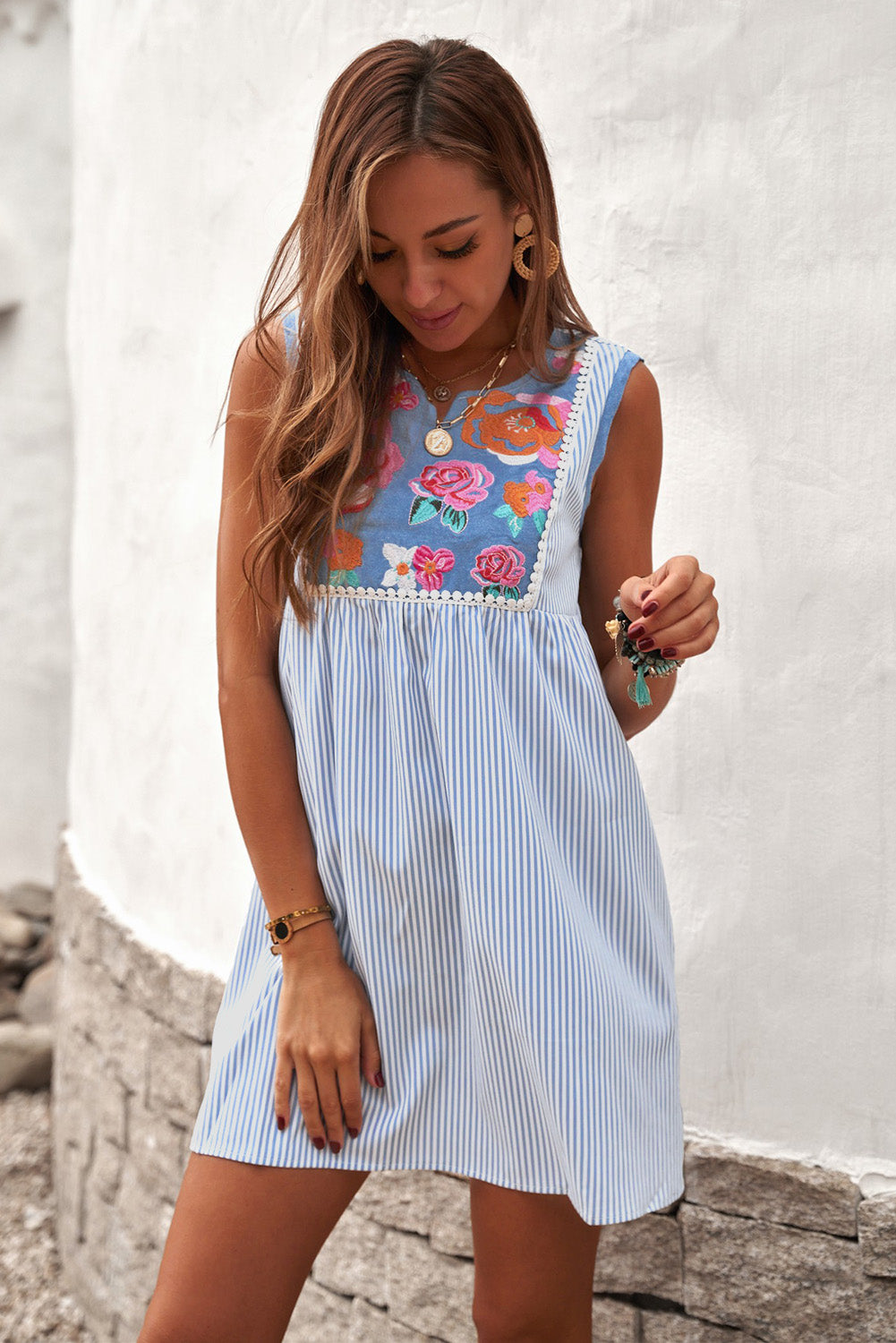 Floral Striped Embroidered Shift Dress