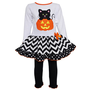 Girls' Halloween Orange Pumpkin and Black Cat Dress & Leggings Outfit