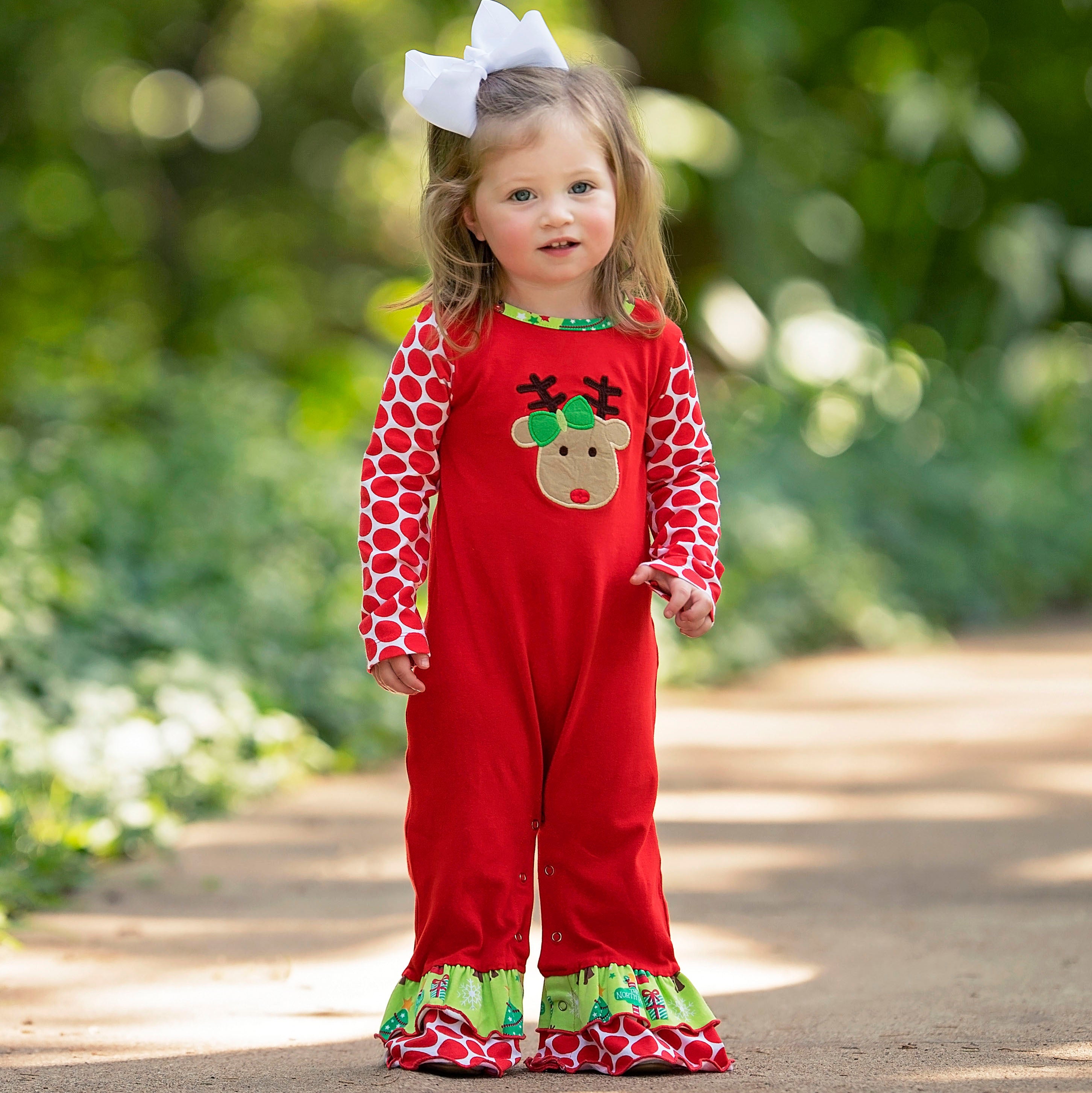 Baby Girls Boutique Red Green Christmas Tree Rudolph Reindeer Holiday Romper sz 6M-24M