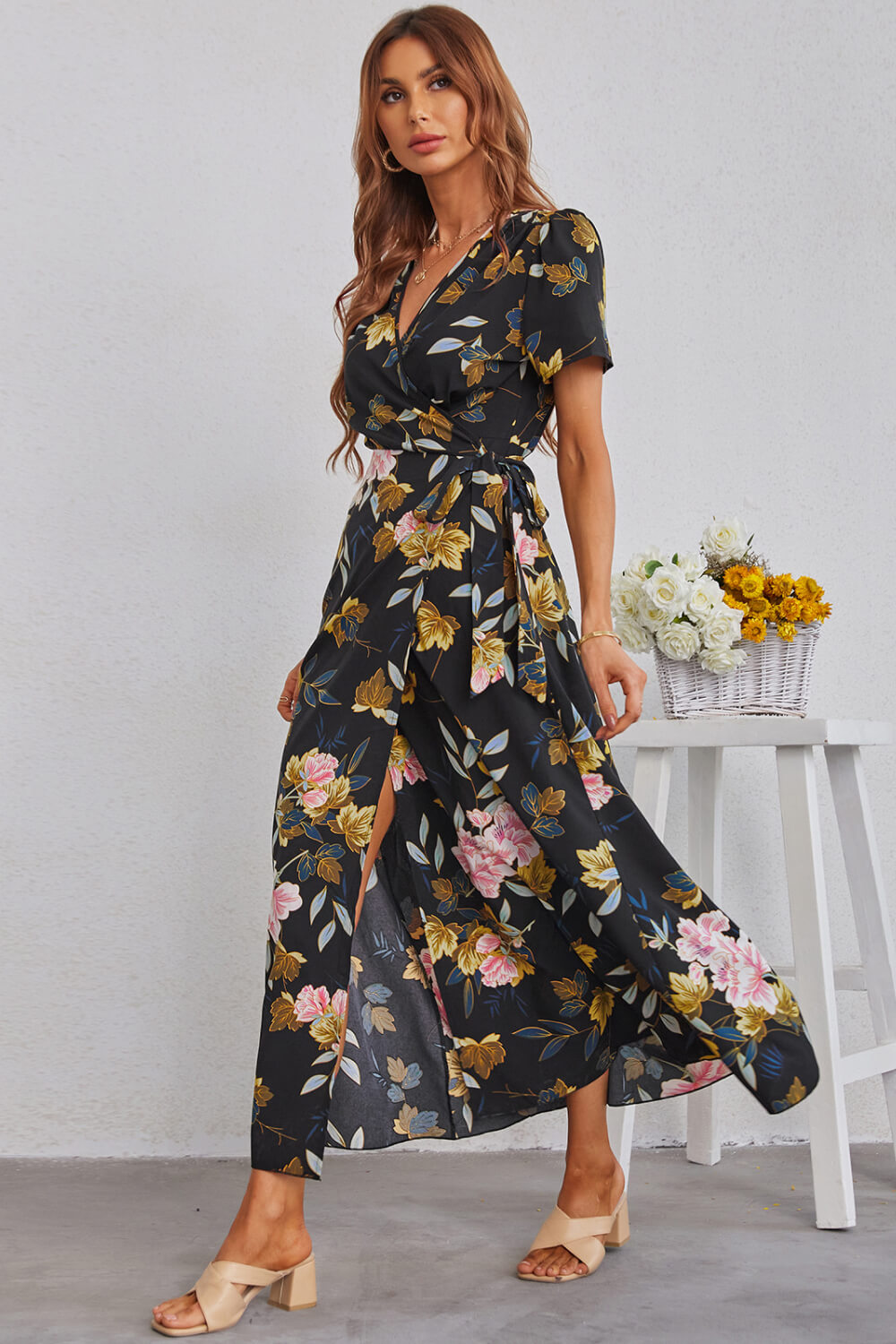 Floral Split Short Sleeve Maxi Dress