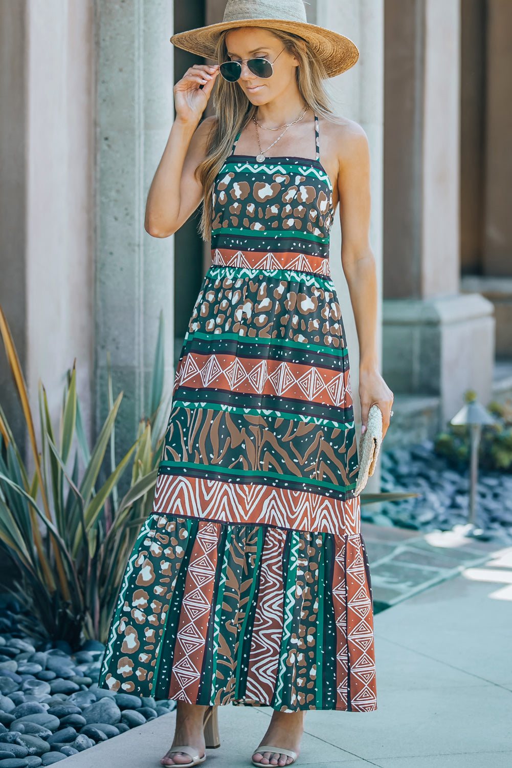 Mixed Print Halter Neck Maxi Dress - 99fab 