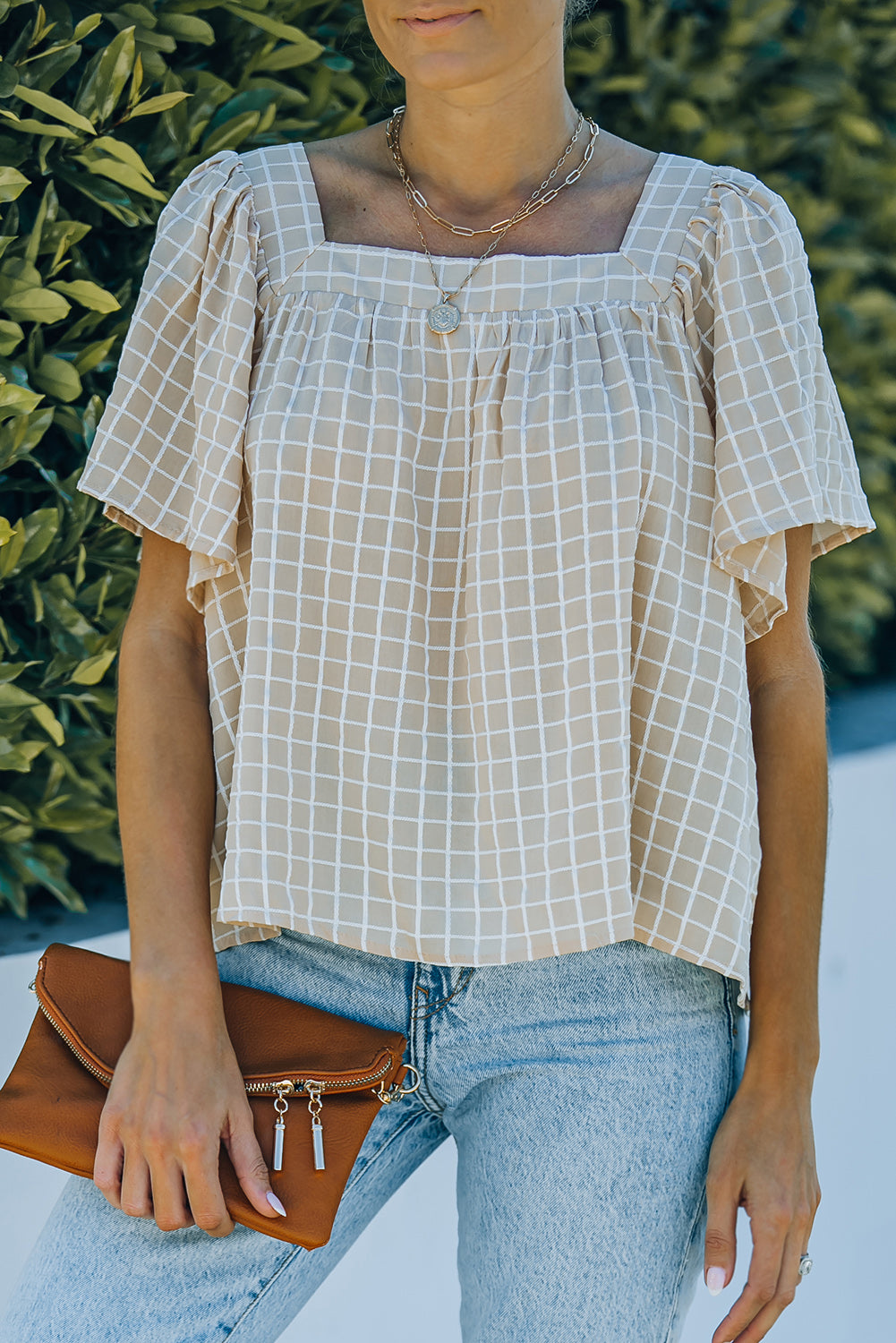 Plaid Tie-Back Square Neck Top