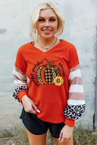 Graphic Striped Leopard Lantern Sleeve Waffle-Knit Top