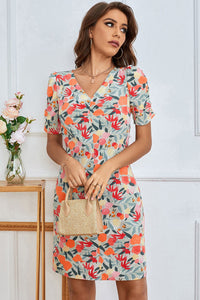 Floral Puff Sleeve V-Neck Seam Detail Dress