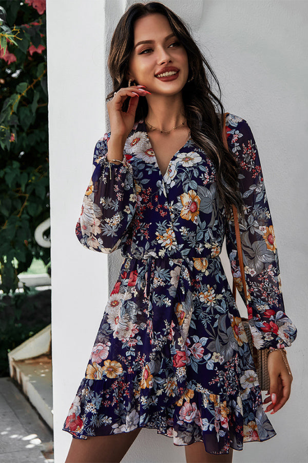 Floral Ruffled Hem Wrap Dress - 99fab 