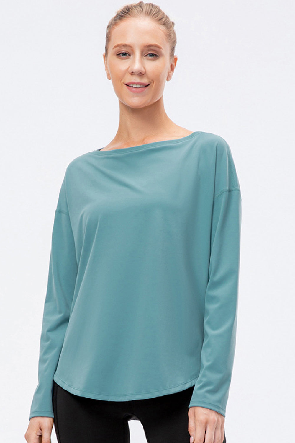 Exposed Seam Boat Neck Long Sleeve Yoga Tee - 99fab 